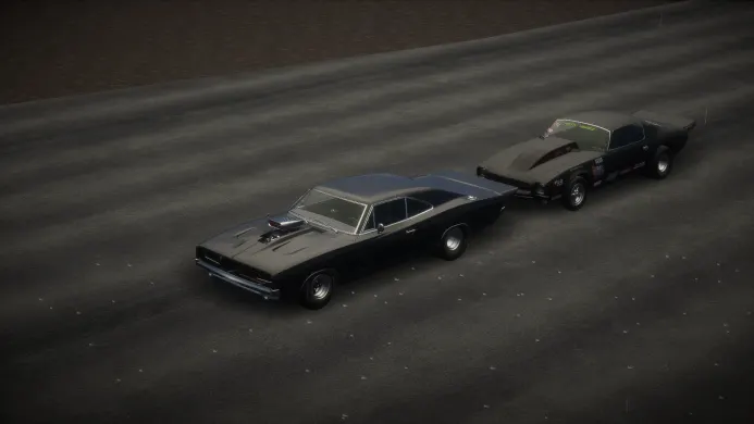Two Breakout Garage muscle cars side by side on the drag strip