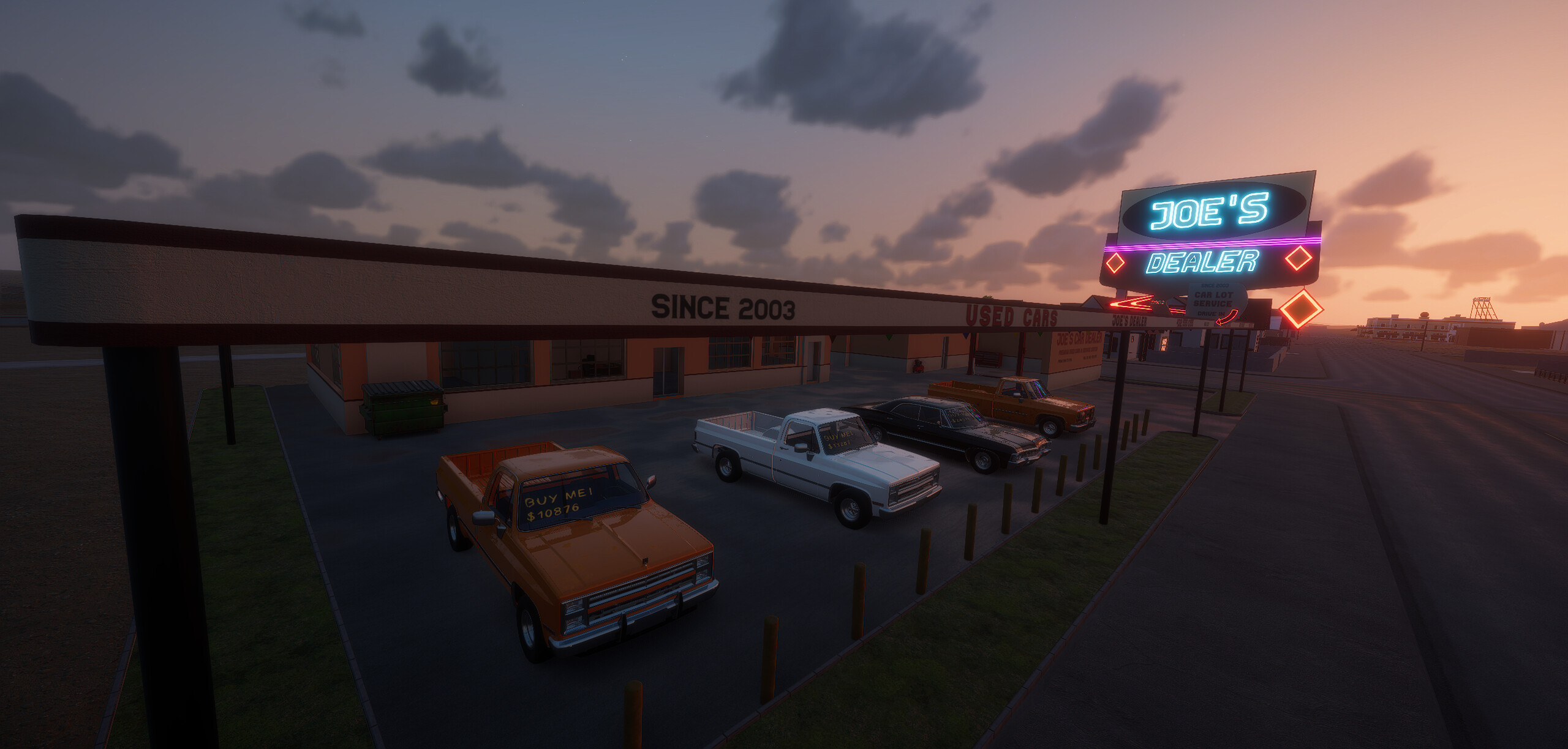 Joe’s Dealership used car lot at dusk in Breakout Garage